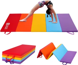 5-Fold Exercise Mat for Kids, 6'x3'x2” Foldable Gymnastics Mat, Home Gym Tumbling Mat with Carrying Handles, EPE Foam, Waterproof, Versatile Use for Fitness Aerobics Stretching, Rainbow