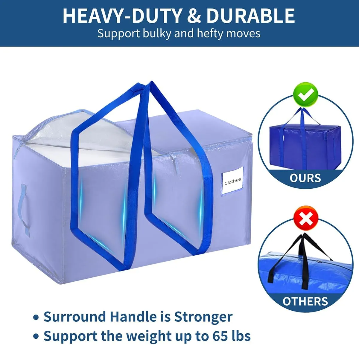 5-Pack Moving Bags with Carrying Handles and Zipper - Heavy Duty Space Saving Bags with Tag Pocket,Extra Large Storage Bags, Waterproof Totes for Clothes College move-in,Blue