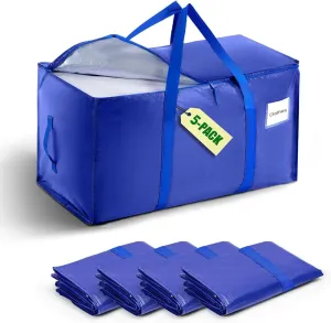 5-Pack Moving Bags with Carrying Handles and Zipper - Heavy Duty Space Saving Bags with Tag Pocket,Extra Large Storage Bags, Waterproof Totes for Clothes College move-in,Blue