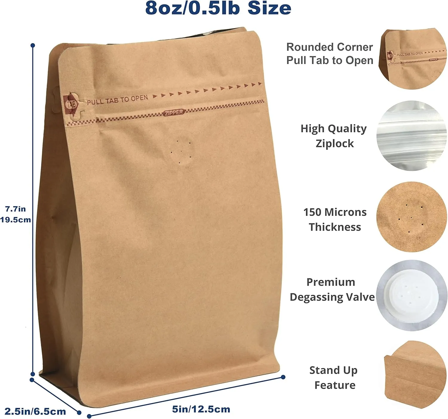 50 Count 8 Ounces Kraft Paper Coffee Bags - High Barrier Kraft & Foil Liner - Flat Bottom Coffee Pouches with Degassing Valve, Food Storage Bags with Rsealable Zipper & Easy Open Tape (50pcs,