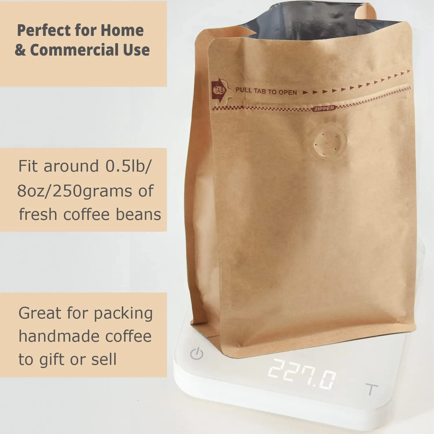 50 Count 8 Ounces Kraft Paper Coffee Bags - High Barrier Kraft & Foil Liner - Flat Bottom Coffee Pouches with Degassing Valve, Food Storage Bags with Rsealable Zipper & Easy Open Tape (50pcs,