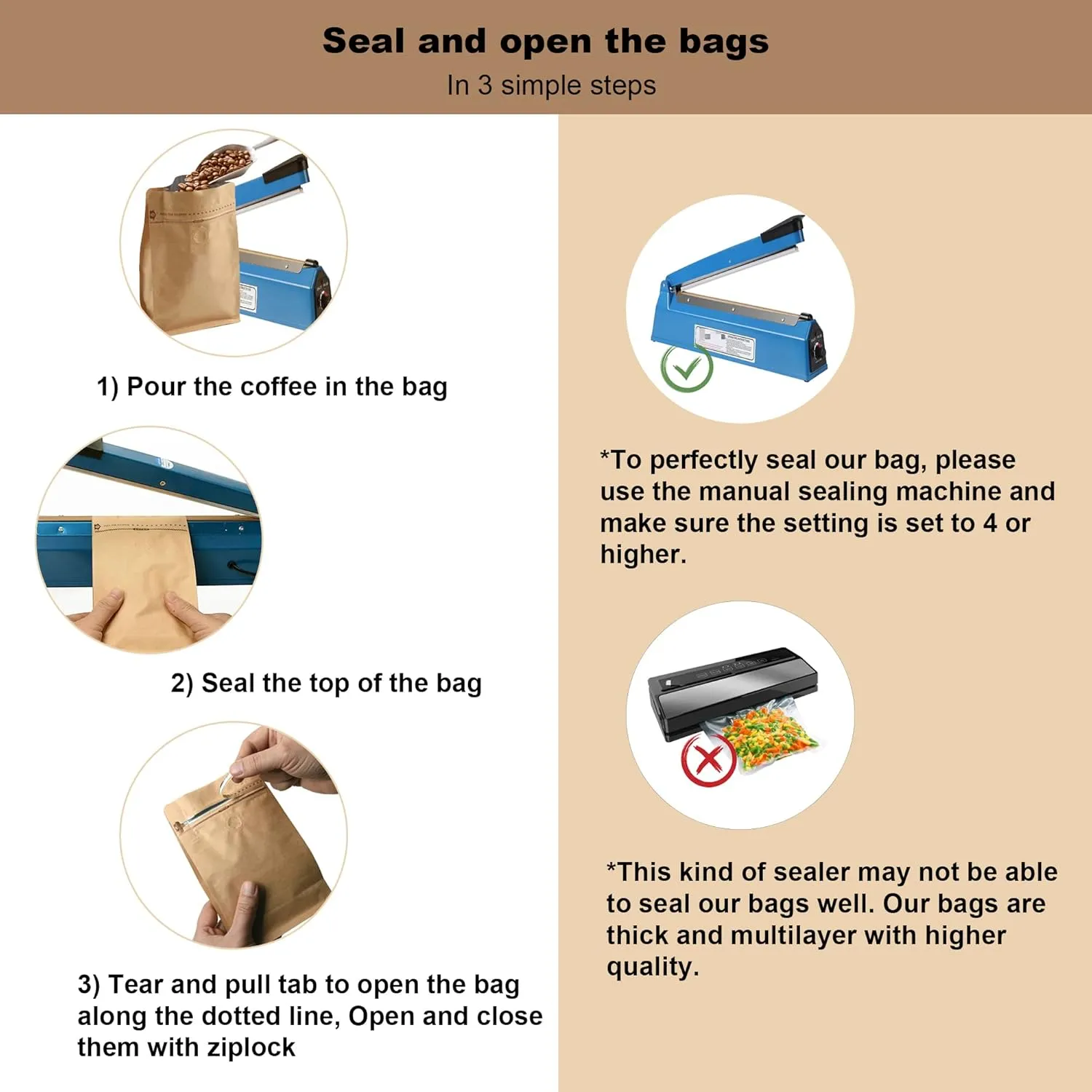 50 Count 8 Ounces Kraft Paper Coffee Bags - High Barrier Kraft & Foil Liner - Flat Bottom Coffee Pouches with Degassing Valve, Food Storage Bags with Rsealable Zipper & Easy Open Tape (50pcs,