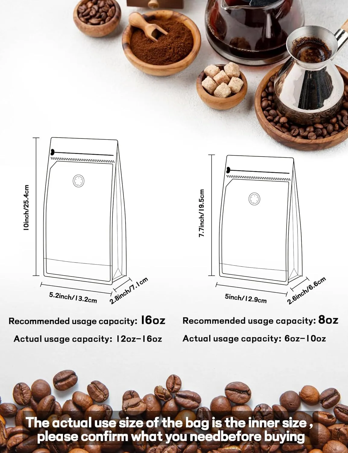 50 PCS Coffee Bags with Valve, (16 oz, 1 lb) Paper Stand Up Pouches, Resealable Vented Food Storage Bags Side Zipper (Kraft)