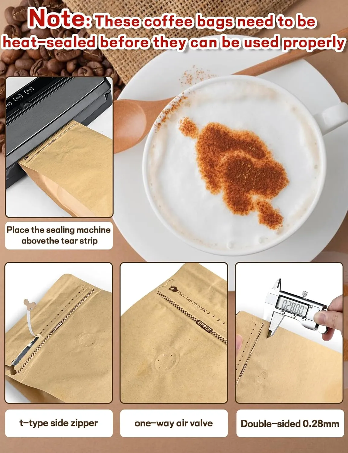 50 PCS Coffee Bags with Valve, (16 oz, 1 lb) Paper Stand Up Pouches, Resealable Vented Food Storage Bags Side Zipper (Kraft)