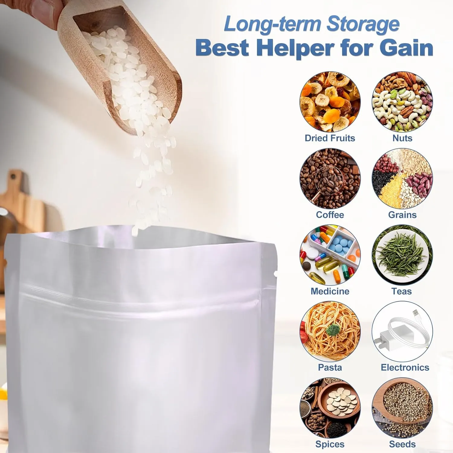 50PCS 2Gallon 17"X13" Mylar Bags for Food Storage with Oxygen Absorbers&Lables,10 Mil Thick Resealable Stand-Up Zipper&Heat Sealable Bags for Long Term Food Storage,Dried Food