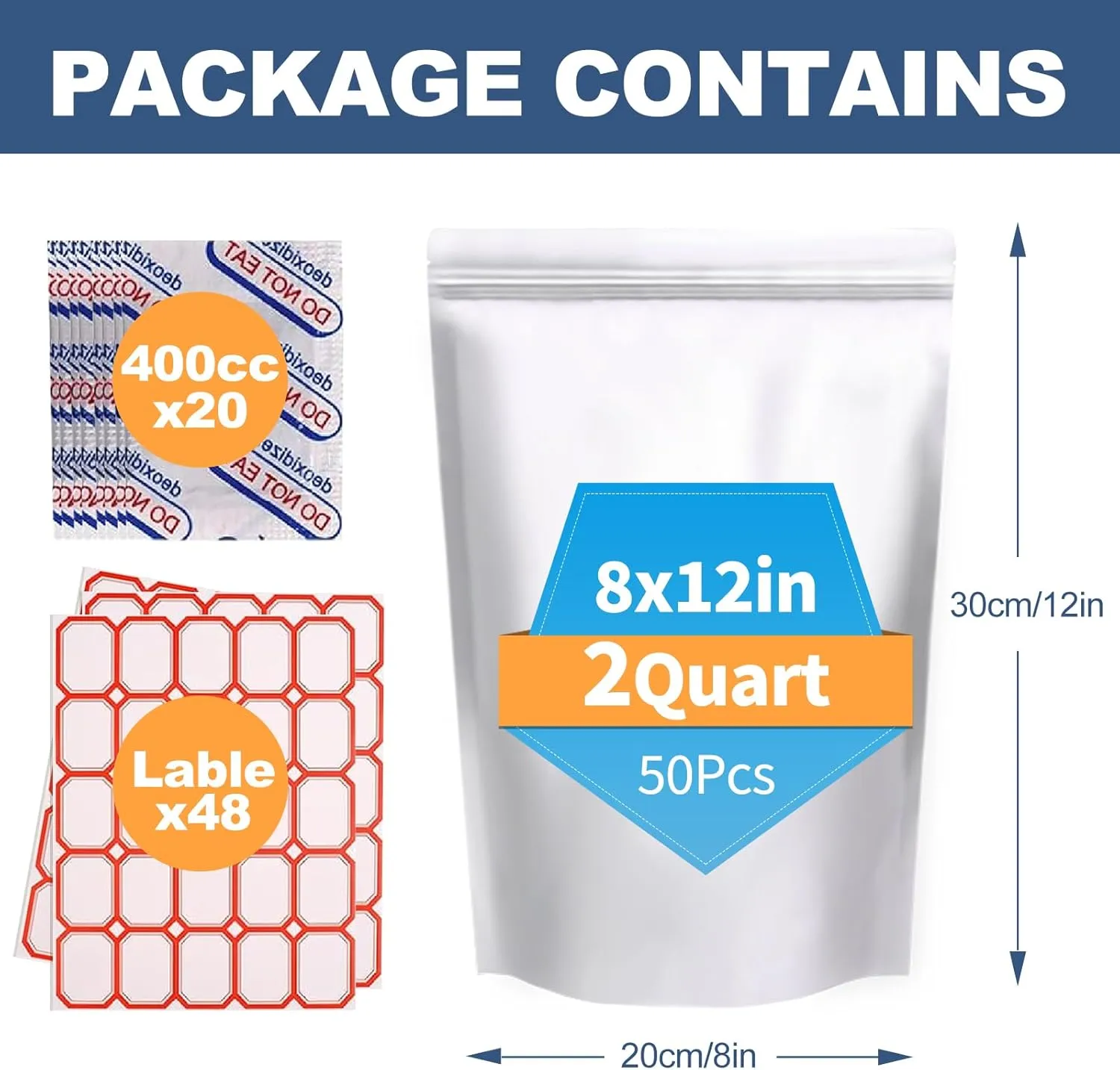50PCS 2Gallon 17"X13" Mylar Bags for Food Storage with Oxygen Absorbers&Lables,10 Mil Thick Resealable Stand-Up Zipper&Heat Sealable Bags for Long Term Food Storage,Dried Food