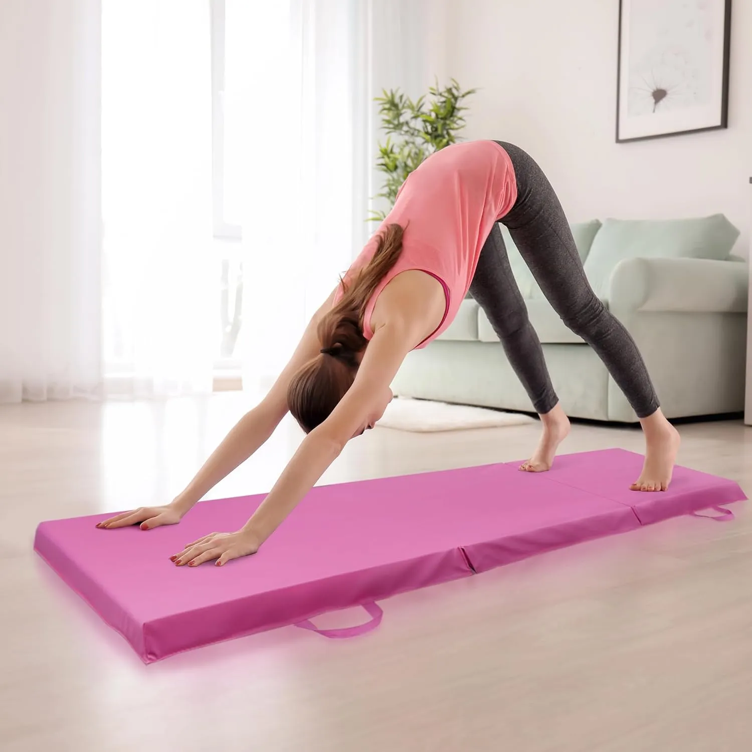 6' x 2' Tri-Fold Portable Folding Exercise Gym Mat Extra Thick Foam Gymnastics Mat Aerobics Yoga Martial Arts MMA Stretching Core Workouts w/Carrying Handle