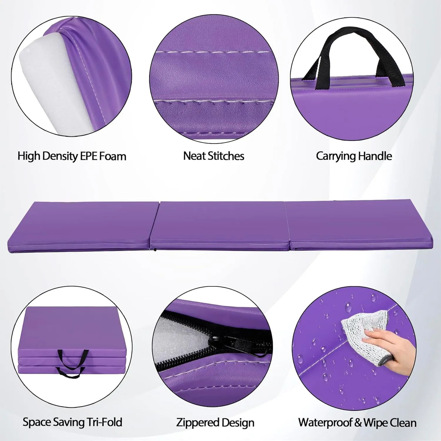 6' x 2' Tri-Fold Portable Folding Exercise Gym Mat Extra Thick Foam Gymnastics Mat Aerobics Yoga Martial Arts MMA Stretching Core Workouts w/Carrying Handle