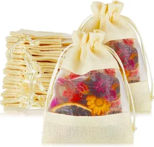 6 x 8 Inches : Jute Potli window bags, Drawstring Bags, Clear Open Window Jute Fabric Drawstring Gift Bags,Candy Jewelry Gift Pouches for Party Favors - Pack of 4