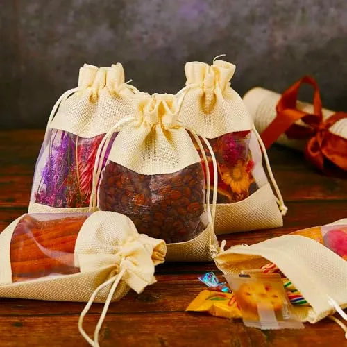 6 x 8 Inches : Jute Potli window bags, Drawstring Bags, Clear Open Window Jute Fabric Drawstring Gift Bags,Candy Jewelry Gift Pouches for Party Favors - Pack of 4