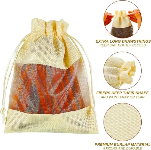 6 x 8 Inches : Jute Potli window bags, Drawstring Bags, Clear Open Window Jute Fabric Drawstring Gift Bags,Candy Jewelry Gift Pouches for Party Favors - Pack of 4