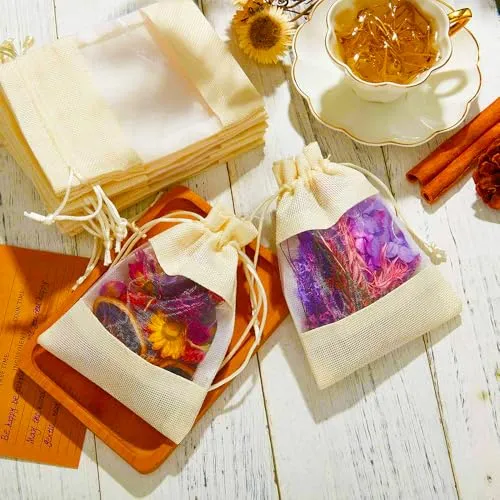 6 x 8 Inches : Jute Potli window bags, Drawstring Bags, Clear Open Window Jute Fabric Drawstring Gift Bags,Candy Jewelry Gift Pouches for Party Favors - Pack of 4