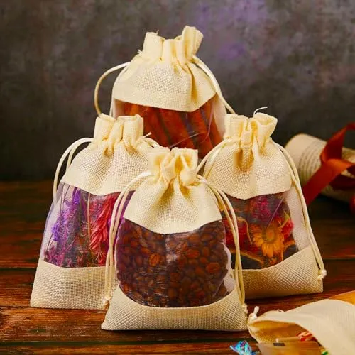 6 x 8 Inches : Jute Potli window bags, Drawstring Bags, Clear Open Window Jute Fabric Drawstring Gift Bags,Candy Jewelry Gift Pouches for Party Favors - Pack of 4