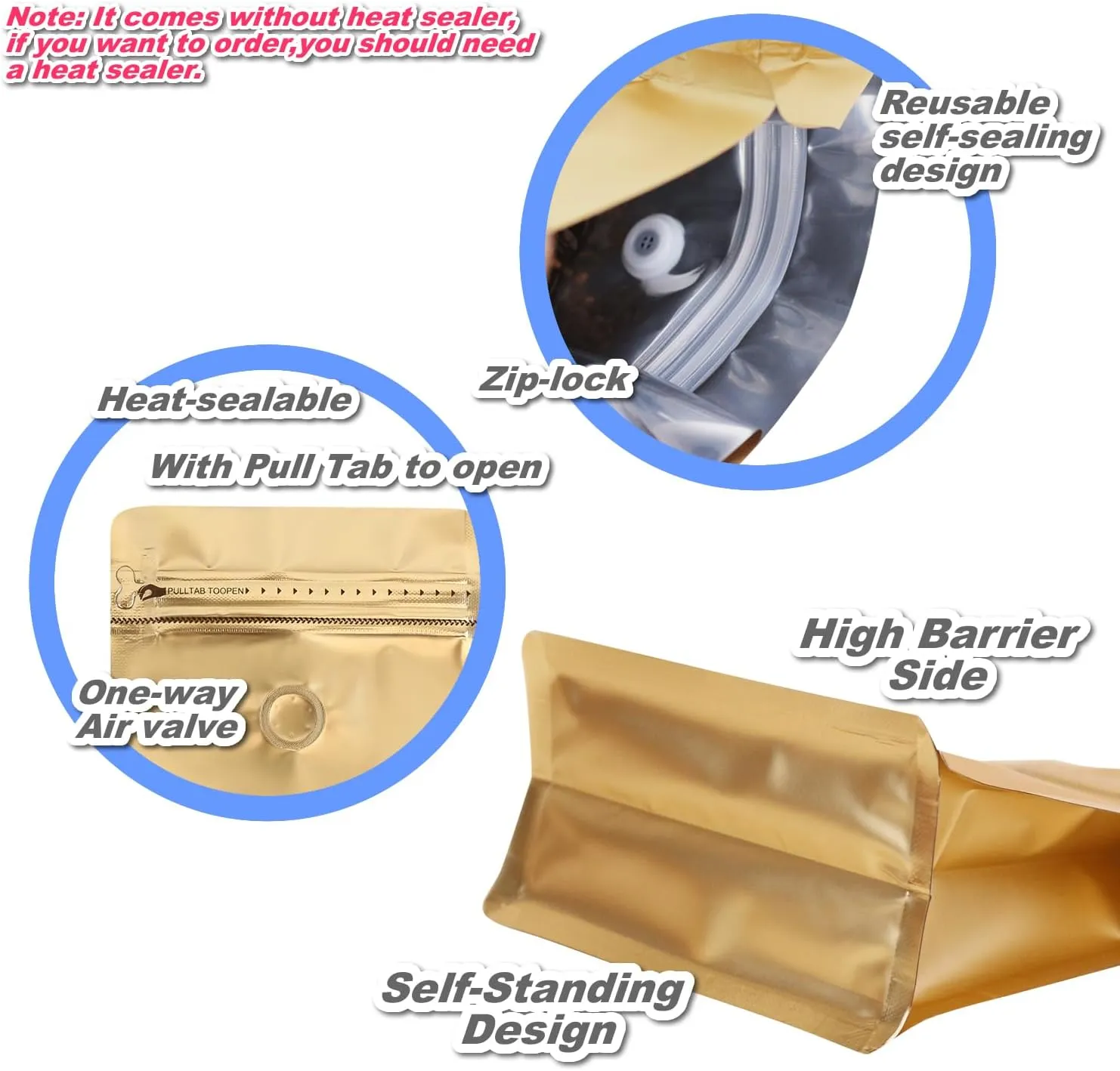 60 Pack High Barrier Stand-Up Coffee Bean Bags with Vented Valve, Matte Metallic Ziplock, Heat-Sealable and Resealable Solid Color Pouches for Food Storage (5.3 * 10.4 inch,1 lb,Golden)