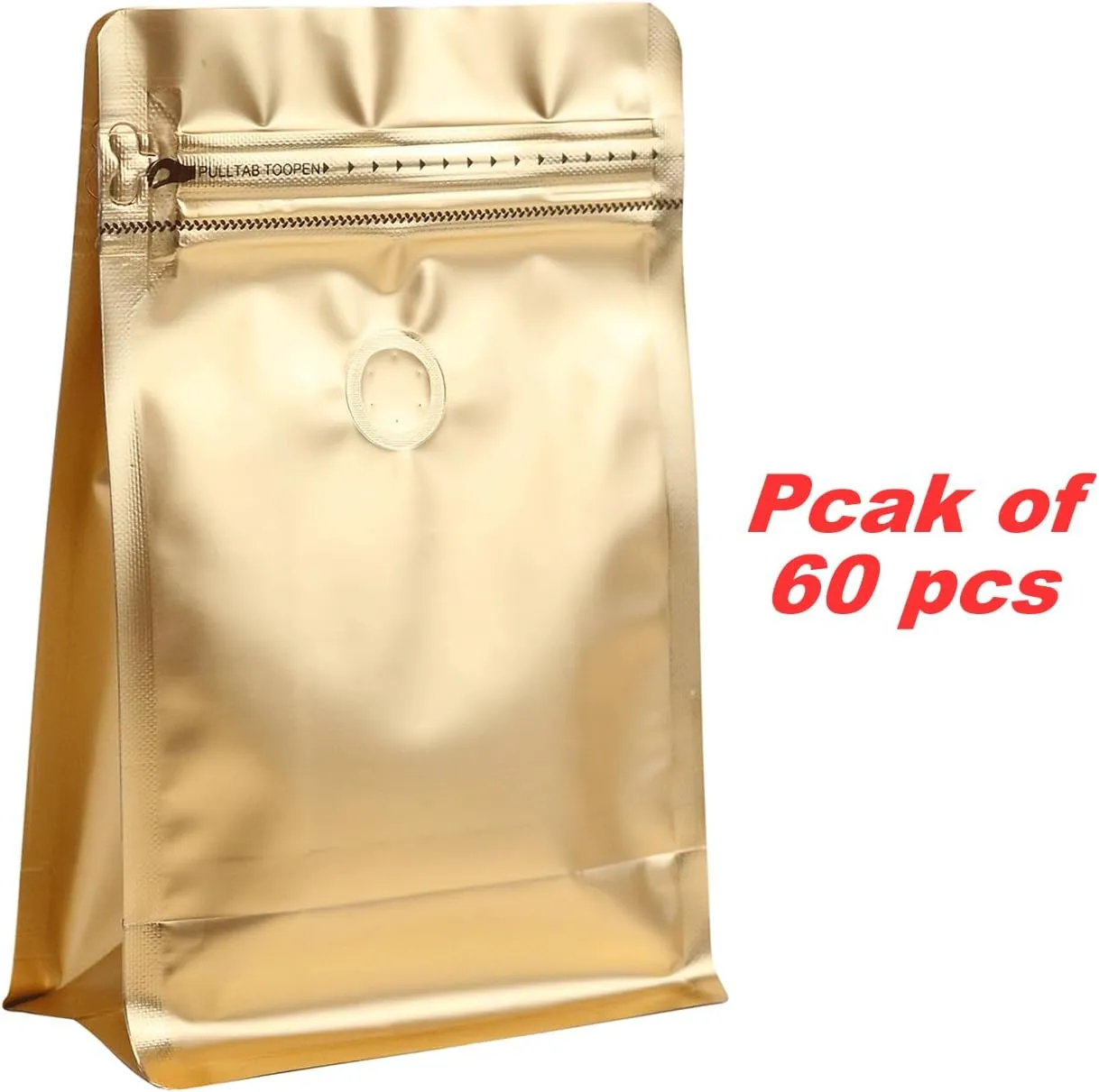 60 Pack High Barrier Stand-Up Coffee Bean Bags with Vented Valve, Matte Metallic Ziplock, Heat-Sealable and Resealable Solid Color Pouches for Food Storage (5.3 * 10.4 inch,1 lb,Golden)
