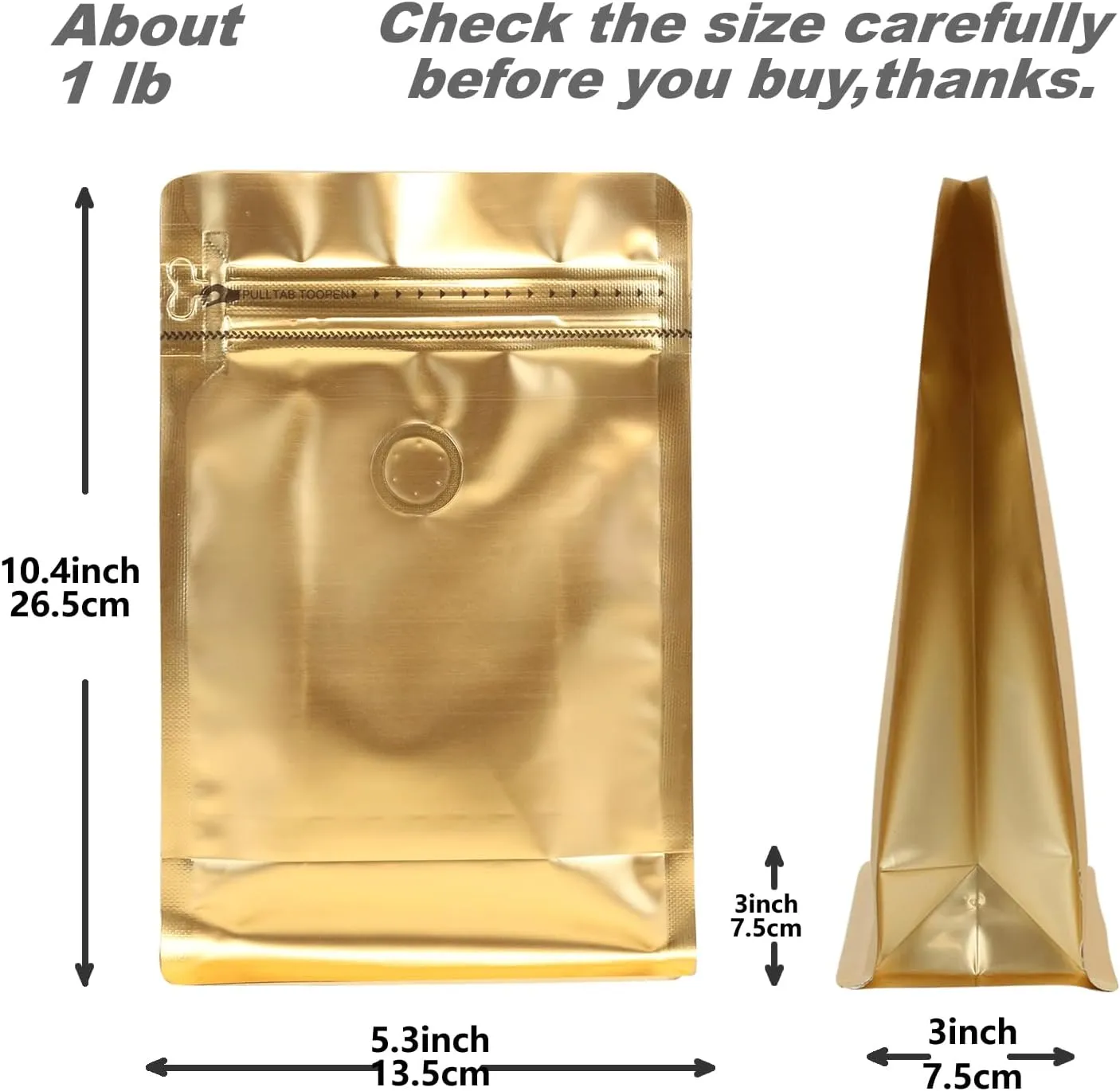 60 Pack High Barrier Stand-Up Coffee Bean Bags with Vented Valve, Matte Metallic Ziplock, Heat-Sealable and Resealable Solid Color Pouches for Food Storage (5.3 * 10.4 inch,1 lb,Golden)