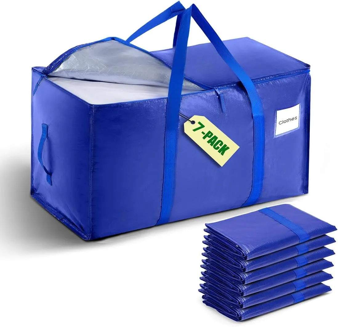 7-Pack Moving Bags with Carrying Handles and Zipper - Heavy Duty Space Saving Bags with Tag Pocket,Extra Large Storage Bags, Waterproof Totes for Clothes College move-in,Blue