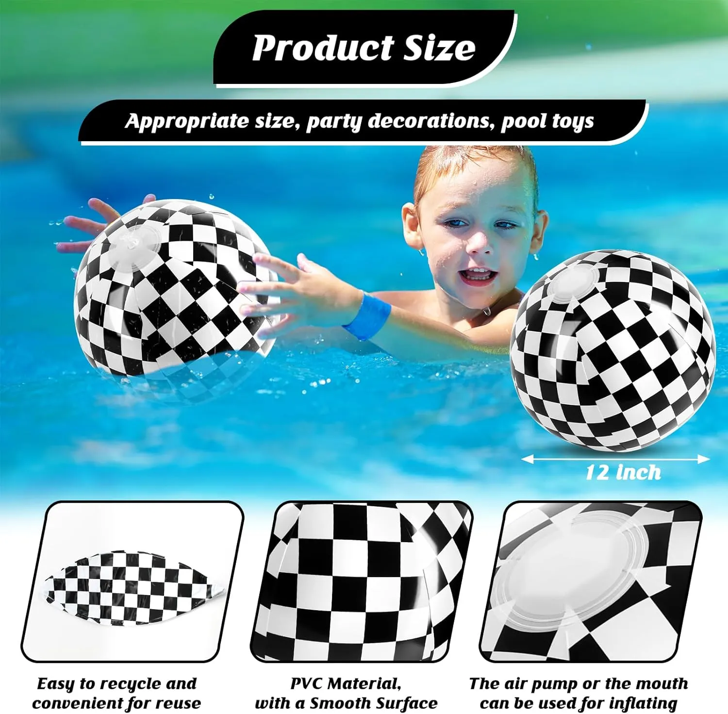 8PCS Race Car Checkered Flag Beach Ball Set – 12" Vibrant Black & White Themed Beach Balls for Kids’ Racing Birthday Parties,Summer Pool Games,End of Year Class Decorations,Bulk Party Favors