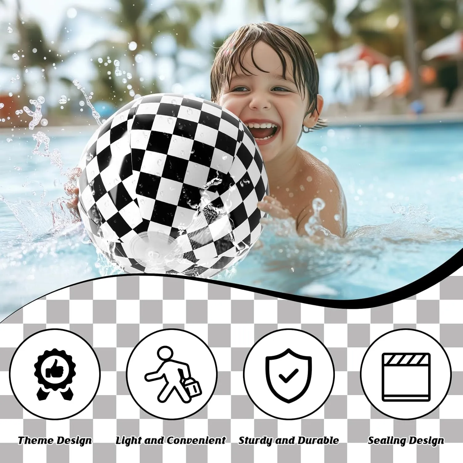 8PCS Race Car Checkered Flag Beach Ball Set – 12" Vibrant Black & White Themed Beach Balls for Kids’ Racing Birthday Parties,Summer Pool Games,End of Year Class Decorations,Bulk Party Favors