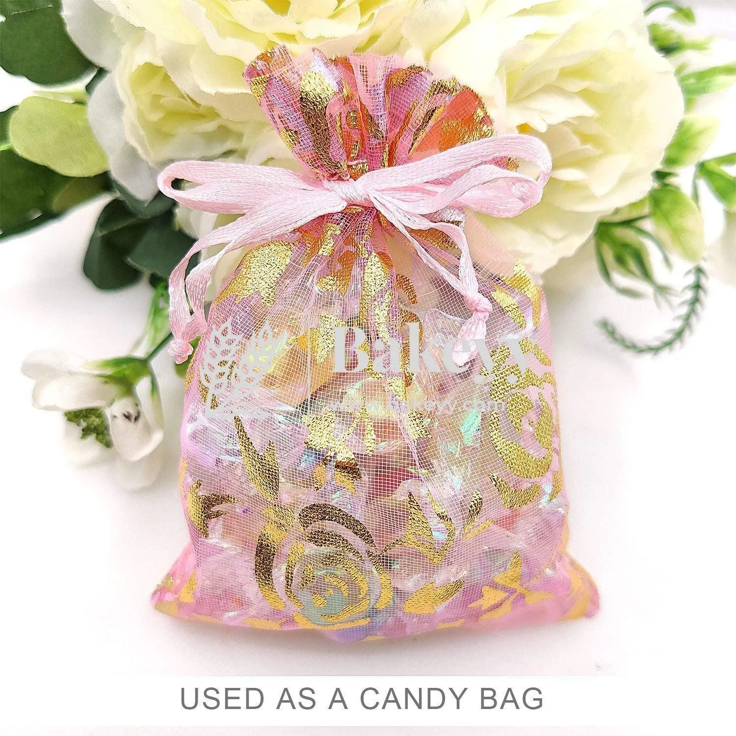 8x10 cm | Printed Organza Potli Bags | Pack of 70 | Pink Colour | Candy Bag |