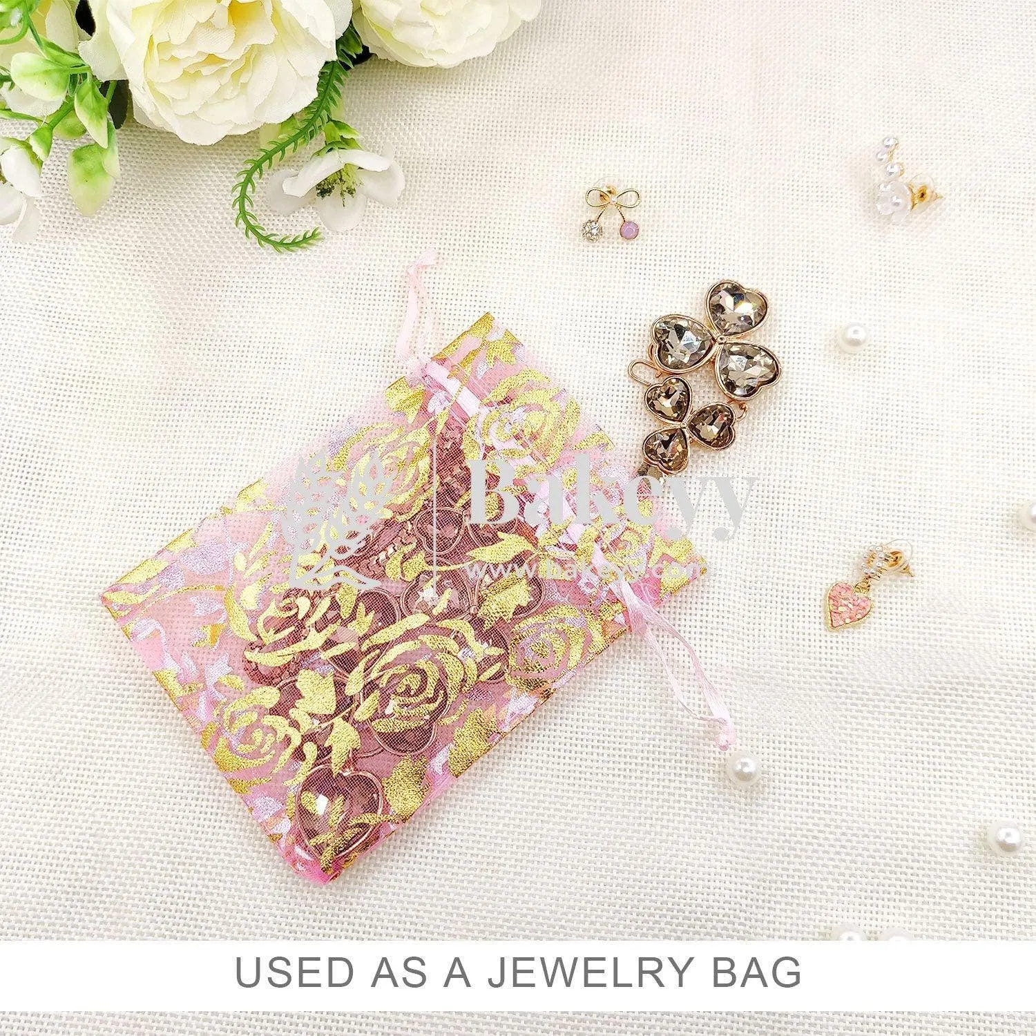 8x10 cm | Printed Organza Potli Bags | Pack of 70 | Pink Colour | Candy Bag |