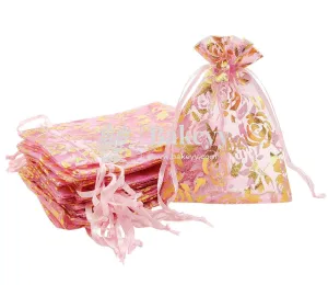 8x10 cm | Printed Organza Potli Bags | Pack of 70 | Pink Colour | Candy Bag |