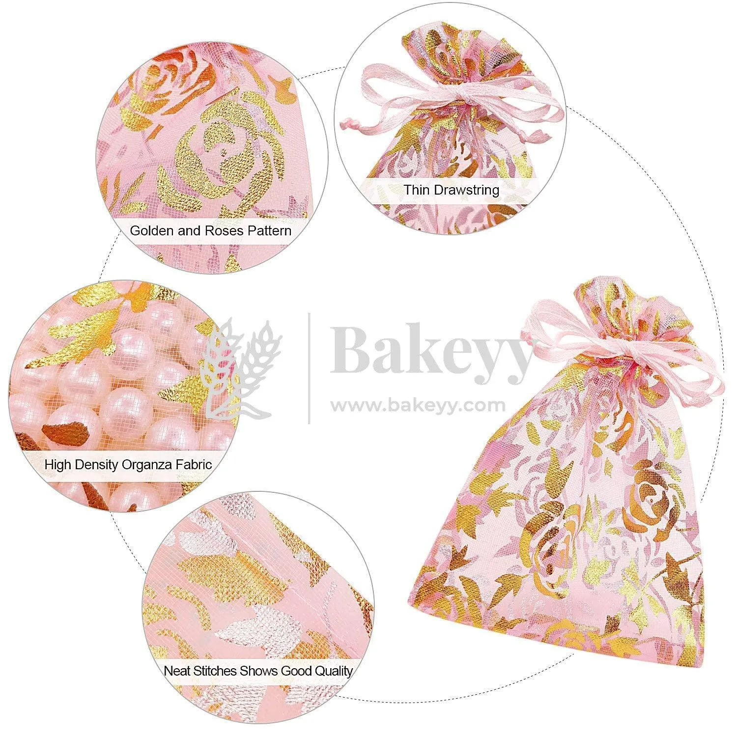 8x10 cm | Printed Organza Potli Bags | Pack of 70 | Pink Colour | Candy Bag |