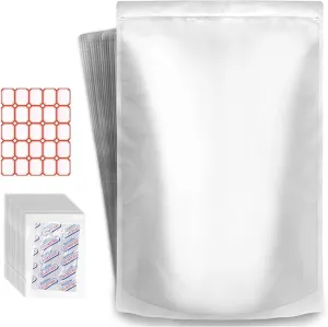 9 Dels Mylar Bags Aluminum Foil – 50-Pcs 1 Liter Food Storage Bags with 50 Stickers, 50 Oxygen Absorbers 300cc – Extra-Thick Ziplock Stand Up Pouches, Leakproof, Smell-Proof for Food, Snacks