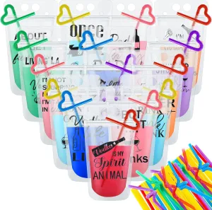 90 Pcs Drink Pouches with Straws for Adults, Clear Plastic Reusable Drink Bags Juice Pouches with Zipper Party Beverage Bags for Adults Party Favor, 15 Styles