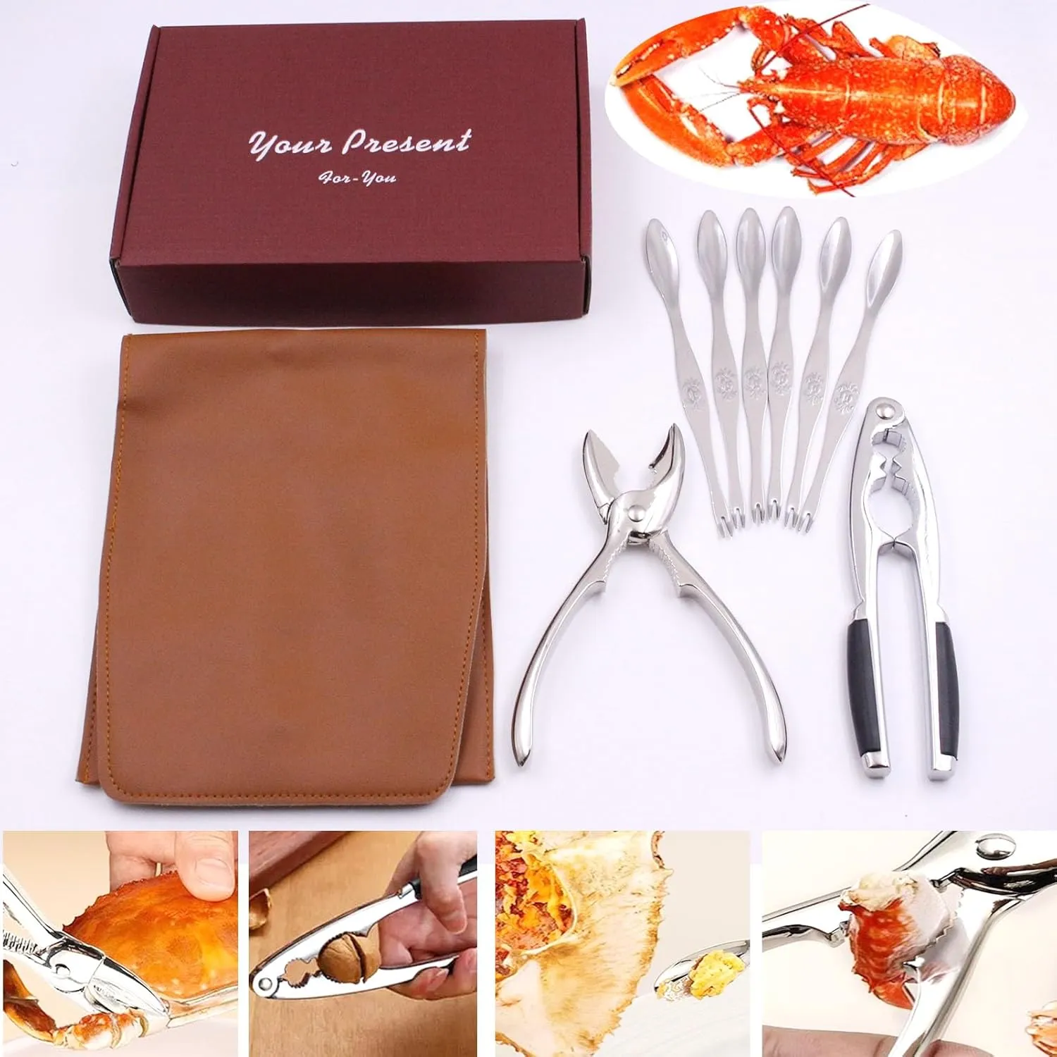 9PCS Crab Crackers and Tools Crab Leg Tools Nut Cracker Tool Seafood Boil Party Supplies with Leather Storage Bag Use for Working,Party,Picnic,BBQ,Dinner,Travel