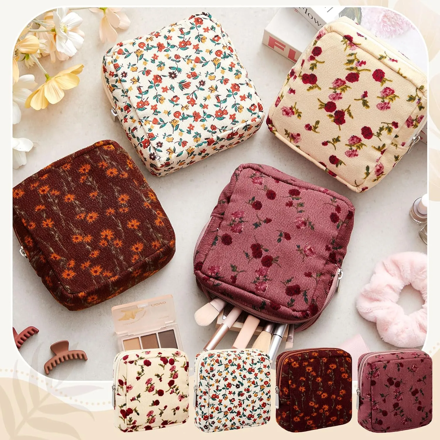 Abbylike 4 Pcs Floral Makeup Bag Cosmetic Bag with Zipper Portable Small Pouches for Purse Toiletry Mini Pouch Cute Mini Makeup Purse for Coin Essentials Items Women (Retro)