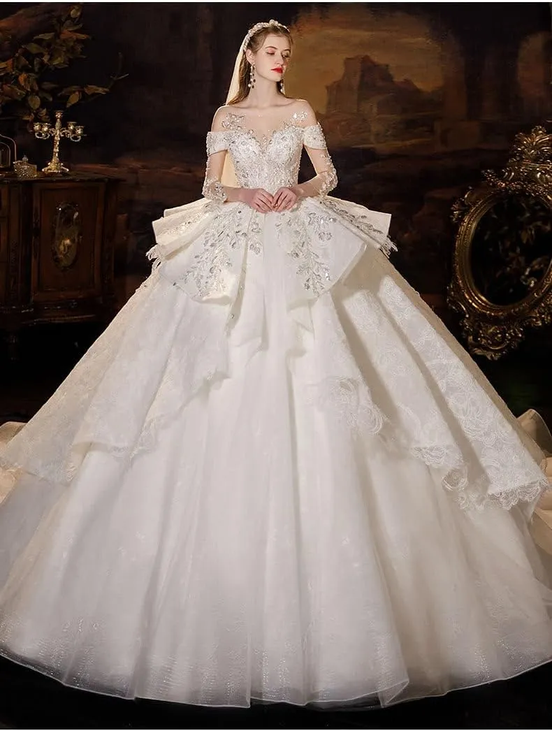 Acecare GREOENEL Amor Sequined Beading Ball Gown Long Sleeve Luxury Lace Up Back Fashion Wedding Dresses-WD329