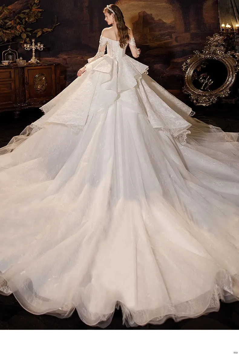 Acecare GREOENEL Amor Sequined Beading Ball Gown Long Sleeve Luxury Lace Up Back Fashion Wedding Dresses-WD329