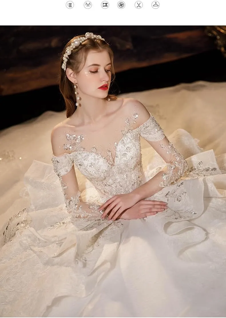 Acecare GREOENEL Amor Sequined Beading Ball Gown Long Sleeve Luxury Lace Up Back Fashion Wedding Dresses-WD329