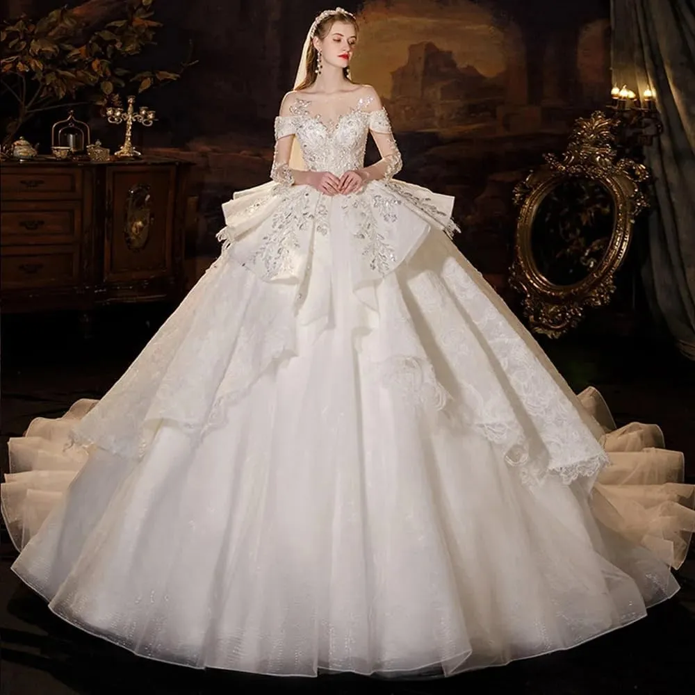 Acecare GREOENEL Amor Sequined Beading Ball Gown Long Sleeve Luxury Lace Up Back Fashion Wedding Dresses-WD329