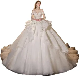 Acecare GREOENEL Amor Sequined Beading Ball Gown Long Sleeve Luxury Lace Up Back Fashion Wedding Dresses-WD329