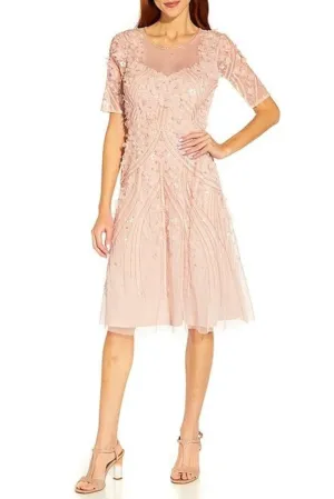 Adrianna Papell Short Sleeve Beaded A-Line Dress