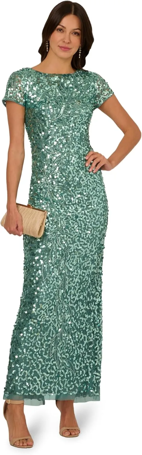 Adrianna Papell Women's Beaded Mesh Long Dress