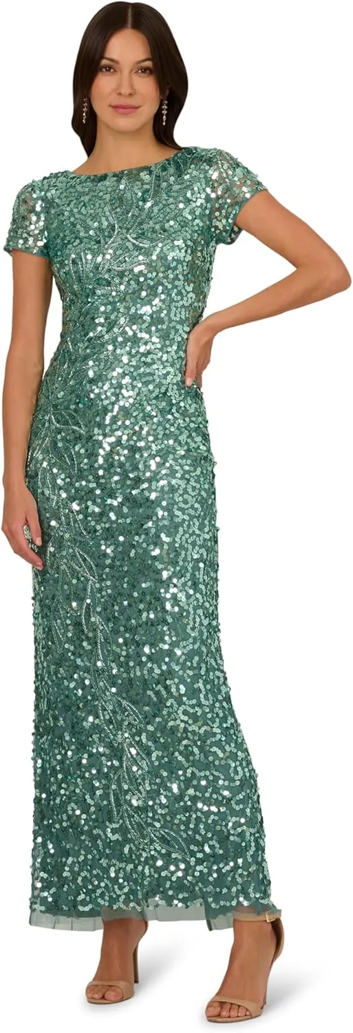 Adrianna Papell Women's Beaded Mesh Long Dress