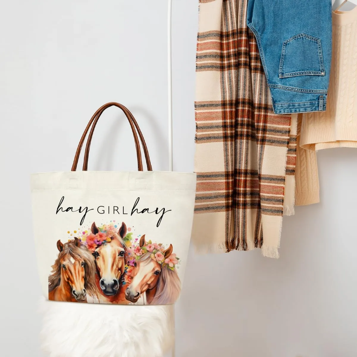 Aesthetic Canvas Tote Bag for Women Teens Reusable Grocery Shopping Bag With Handles Cute Tote Bag -Hay Girl Hay