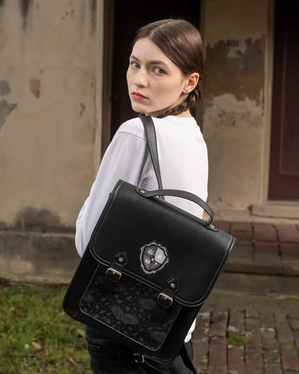 AI ACCESSORY INNOVATIONS Wednesday Nevermore Academy Vegan Leather Cosplay Mini Backpack Purse, 12 Inch School Bag, Black