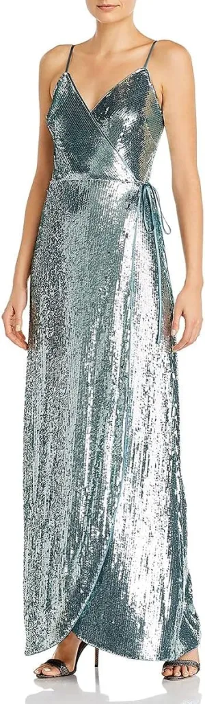 AIDAN AIDAN MATTOX Womens Teal Sequined Tie Snap Closure Spaghetti Strap Surplice Neckline Full-Length Evening Gown Dress 10