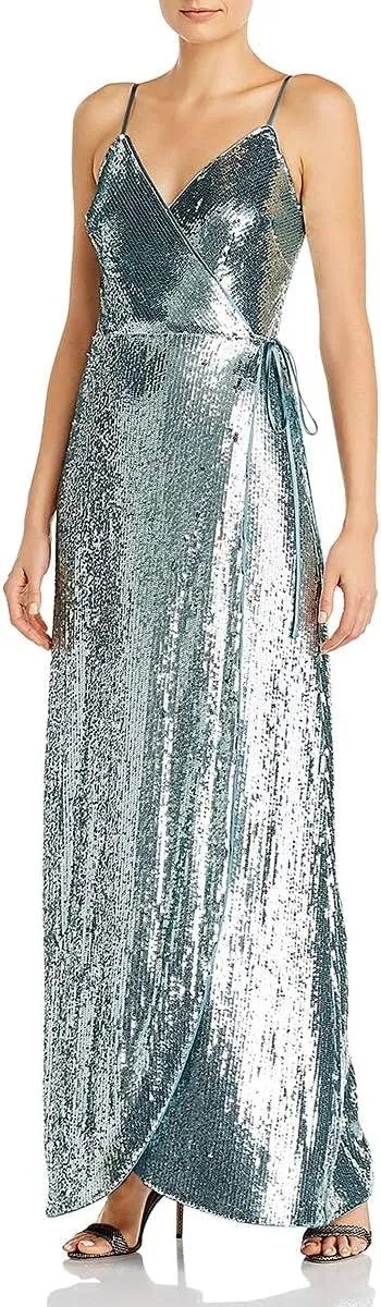 AIDAN AIDAN MATTOX Womens Teal Sequined Tie Snap Closure Spaghetti Strap Surplice Neckline Full-Length Evening Gown Dress 10