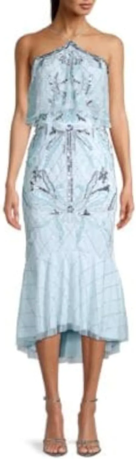 Aidan Mattox Womens Light Blue Sequined Embellished Halter Maxi Evening Hi-Lo Dress 8