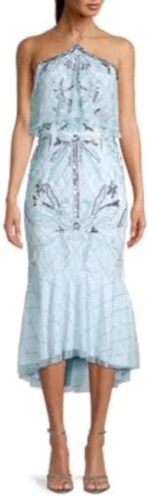 Aidan Mattox Womens Light Blue Sequined Embellished Halter Maxi Evening Hi-Lo Dress 8