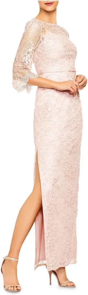 Aidan Mattox Womens Pink Lace Sequined Zippered 3/4 Sleeve Boat Neck Maxi Evening Sheath Dress 2