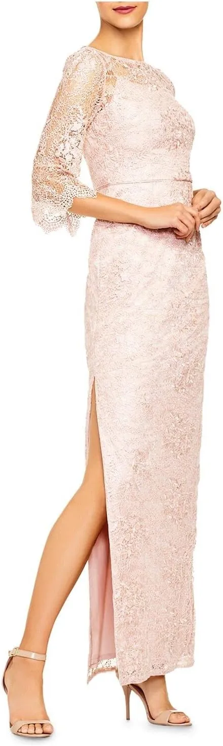 Aidan Mattox Womens Pink Lace Sequined Zippered 3/4 Sleeve Boat Neck Maxi Evening Sheath Dress 2