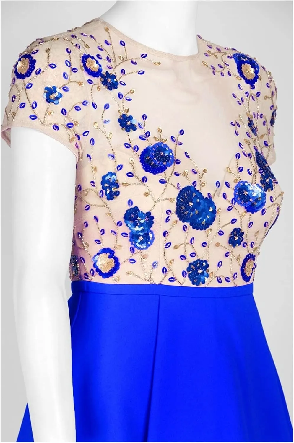 AIDAN MATTOX Womens Sequined Beaded Short Sleeve Illusion Neckline Maxi Formal Sheath Dress