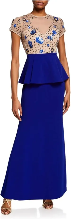 AIDAN MATTOX Womens Sequined Beaded Short Sleeve Illusion Neckline Maxi Formal Sheath Dress