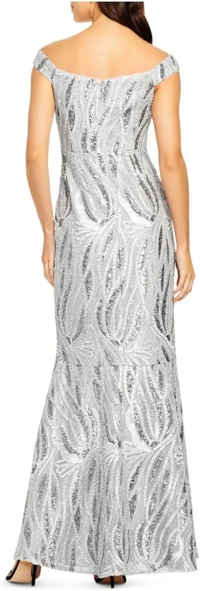 Aidan Mattox Womens Sequined Embroidered Trumpet Gown Sleeveless Off Shoulder Maxi Formal Dress